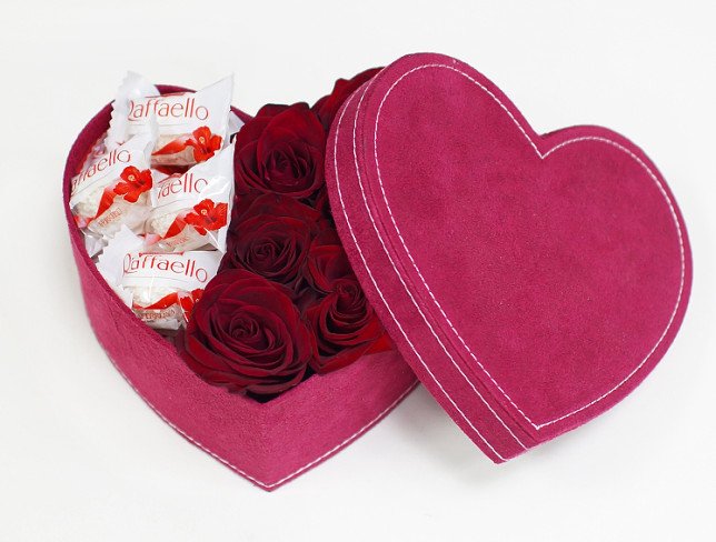 Heart box with red roses and candy Raffaello photo