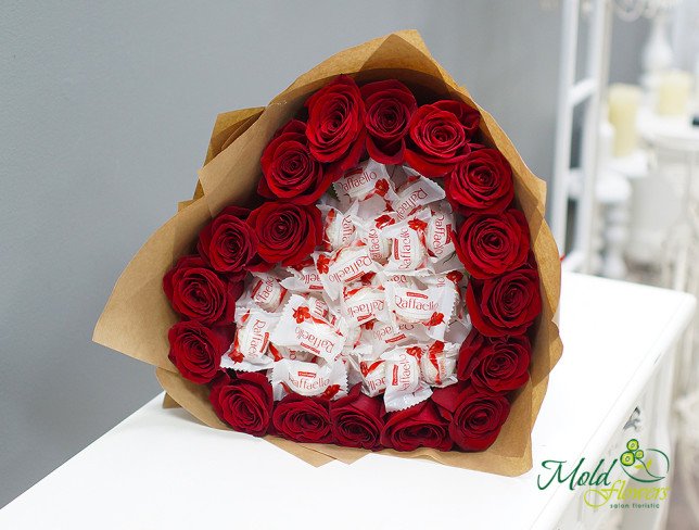 Bouquet of Raffaello and red roses photo