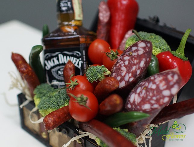 Men's bouquet of cognac, sausage and vegetables photo