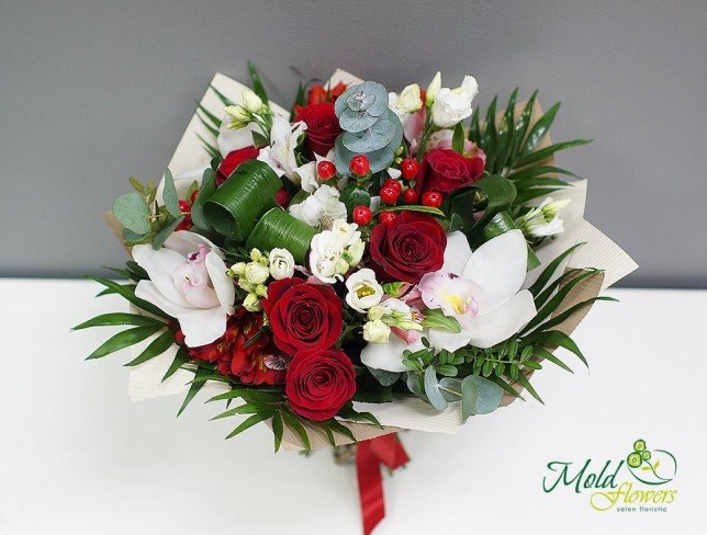 Bouquet of Red Roses, Hypericum, White and Pink Alstroemerias, Orchids, White Eustoma, and Eucalyptus in Yellow Paper Photo