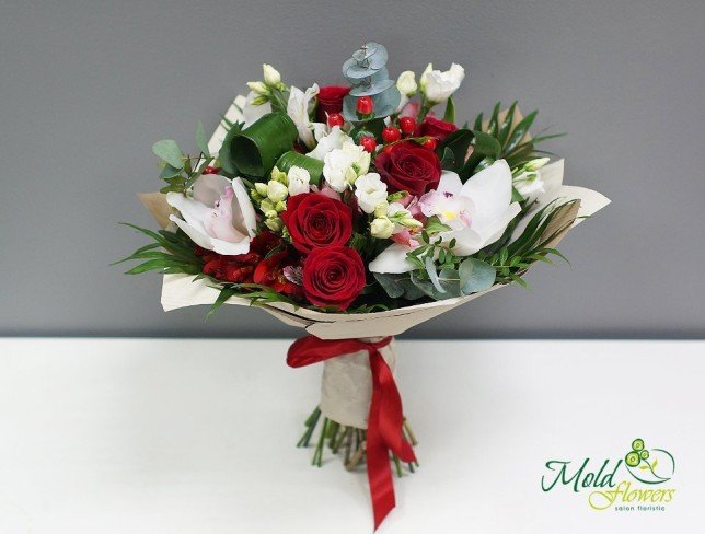 Bouquet of Red Roses, Hypericum, White and Pink Alstroemerias, Orchids, White Eustoma, and Eucalyptus in Yellow Paper Photo