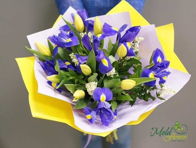 Букет из ирисов и желтых тюльпанов Фото
