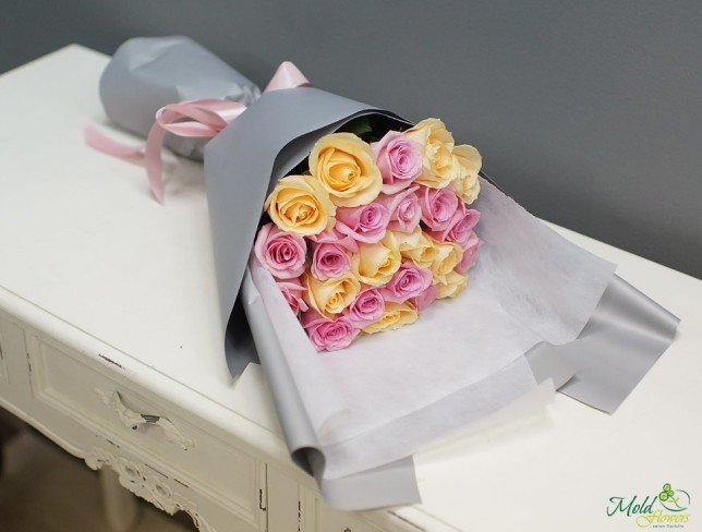 Bouquet of Pink and Beige Roses in Gray Paper Photo
