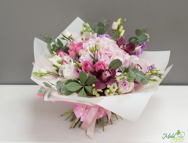 Bouquet with pink hydrangea, roses, alstromeria, eustoma, white chrysanthemum, alstromeria, purple eustoma photo