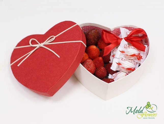 Heart-shaped Box with Strawberries and Raffaello Chocolates photo