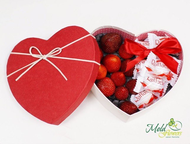 Heart-shaped Box with Strawberries and Raffaello Chocolates photo