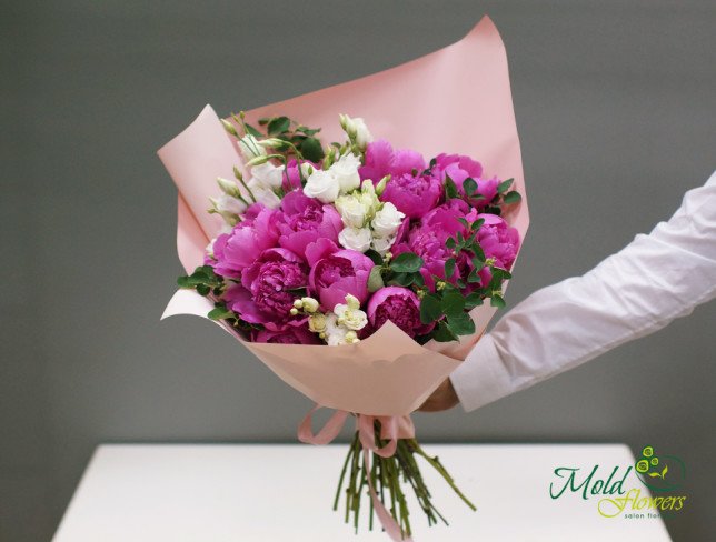 Bouquet of Pink Peonies and White Eustoma in Pink Paper Photo