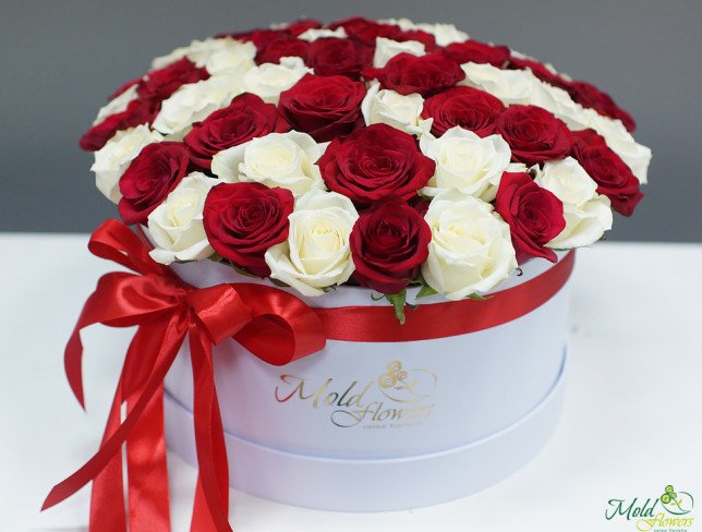 Cutie alba cu trandafiri roșii și albi foto