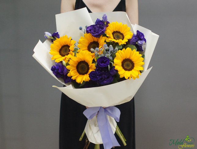 Bouquet of sunflowers and violet lisianthus photo