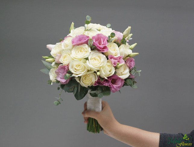 Bride's bouquet of white roses, pink eustoma, and eucalyptus from moldflowers.md