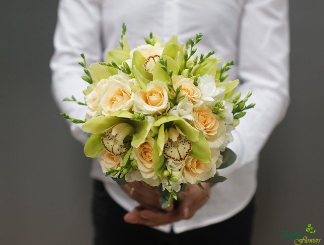 Bride's Bouquet of Light Pink Roses, Green Phalaenopsis Orchids, and White Freesias with White Ribbon - Photo
