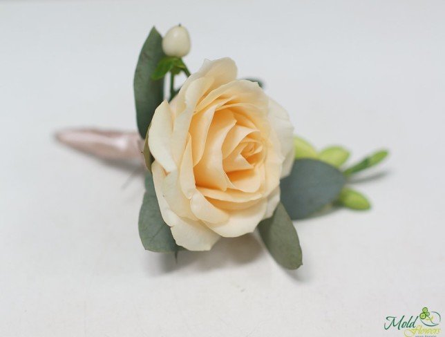 Boutonniere flower made of cream rose, freesia, and hypericum photo