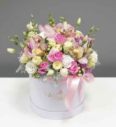 White box with orchids and roses 2 photo 394x433