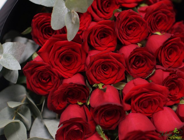 Букет из красных роз и эвкалипта в черной бумаге  фото