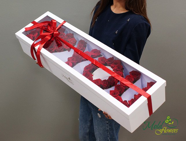 Composition "I Love You" of red roses in a white box with red ribbon from moldflowers.md