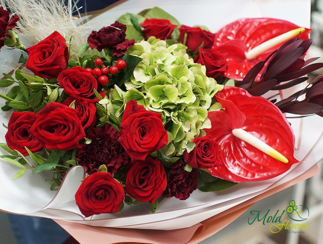 Bouquet of red roses, anthurium, green hydrangeas, and exotic leaves, wrapped in white and pink paper