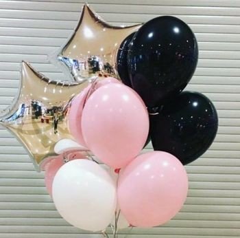 Set of pink, white, black balloons, and silver stars (9 pcs) photo 394x433