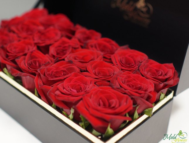 Composition of red roses in a black box from moldflowers.md