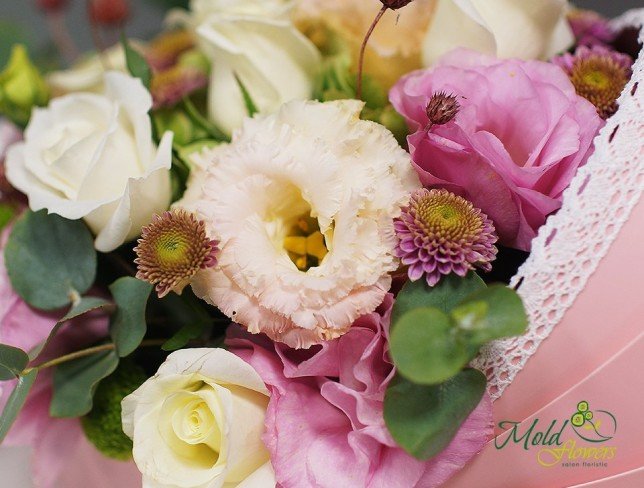 Bouquet of orchids, roses, tulips, chrysanthemums, eustoma, eucalyptus, and wax flowers from moldflowers.md