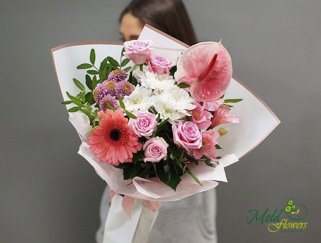Bouquet of anthurium, roses, gerberas, chrysanthemums, and alstroemerias from moldflowers.md