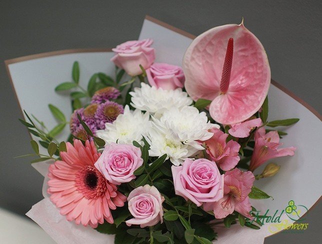 Bouquet of anthurium, roses, gerberas, chrysanthemums, and alstroemerias from moldflowers.md