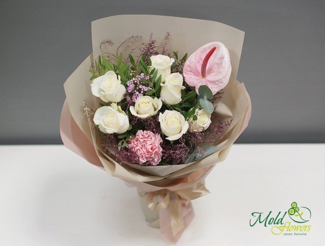 Bouquet of roses, anthurium, gypsophila, and carnation from moldflowers.md
