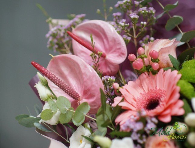 Bouquet of gerberas, anthuriums, roses, hypericum, and leucadendron from moldflowers.md