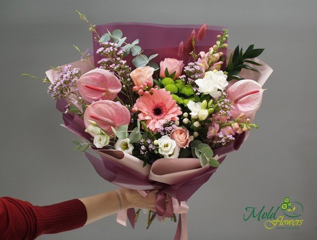 Bouquet of gerberas, anthuriums, roses, hypericum, and leucadendron from moldflowers.md