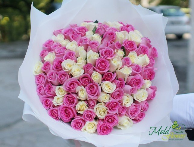 Bouquet of 101 white-pink roses 30-40 cm from moldflowers.md