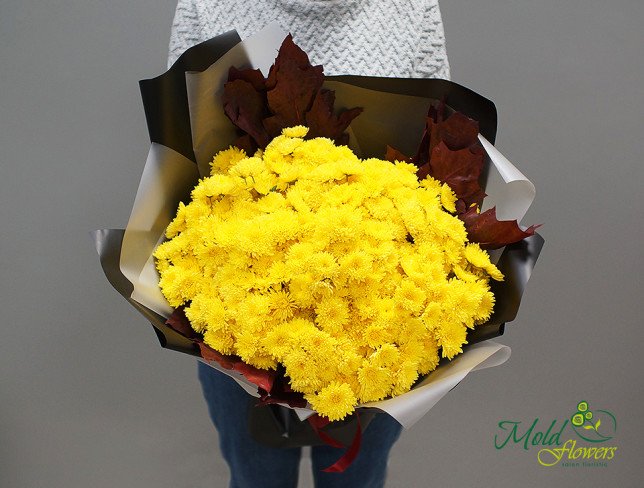 Bouquet with yellow chrysanthemums, decorated with red leaves, in black and white paper