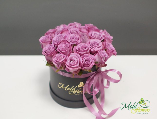 Розы фиолетовые в серой коробке от moldflowers.md