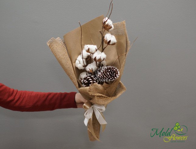 Buchet cu conuri de brad si flori de bumbac albe, in hartie maro si panza de sac