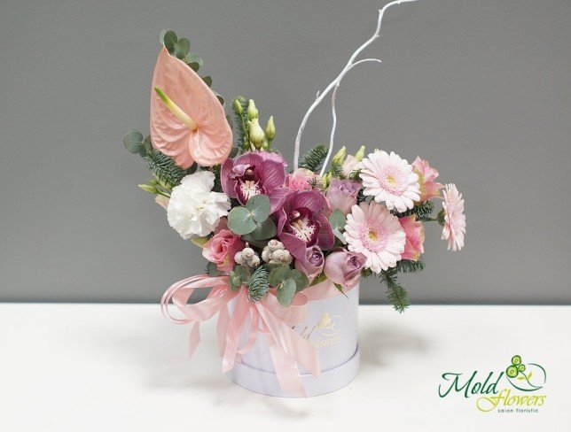 Bouquet of Anthurium, Orchid, Gerbera, Roses, Eustoma, and Eucalyptus from moldflowers.md