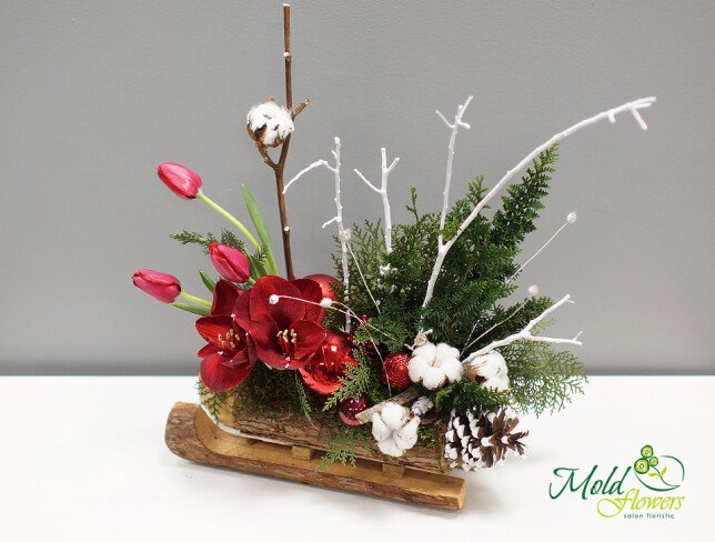 New Year's sleigh with spruce branches, cones, red Christmas toys photo