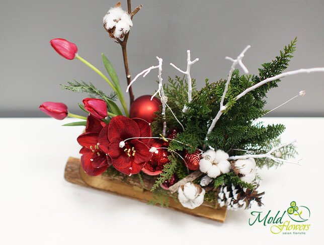 New Year's sleigh with spruce branches, cones, red Christmas toys photo