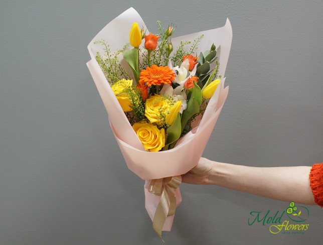 Bouquet of orchids, roses, tulips, gerberas, and eucalyptus from moldflowers.md