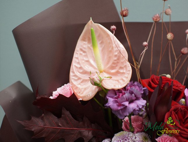 Bouquet with red and pink roses, pink anthuriums, carnations, tulips, purple chrysanthemums, scabiosa flowers, greenery, and burgundy leaves, wrapped in burgundy paper