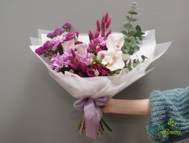 Bouquet of Roses, Orchids, Chrysanthemums, Eustoma, Statice, and Eucalyptus from moldflowers.md