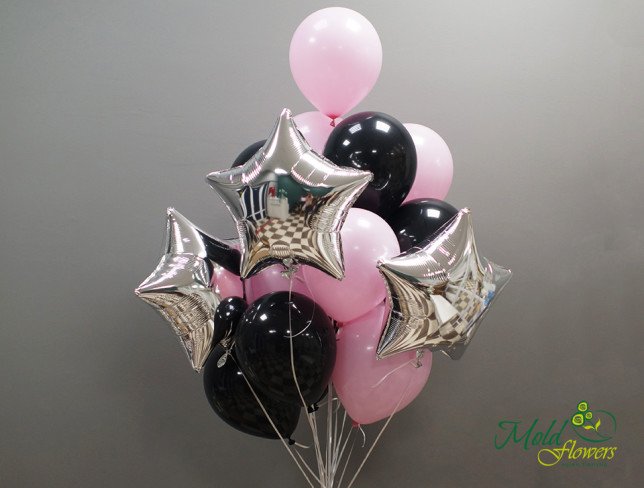 Набор из розовых, чёрных шаров и серебряных звёзд (15 шт) Фото