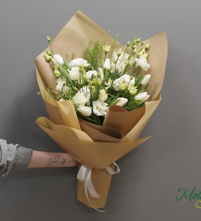 Bouquet of Tulips and White Eustoma photo 394x433