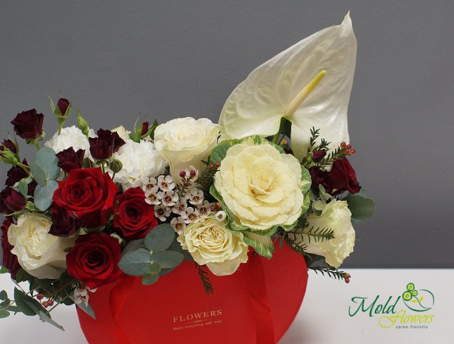 Composition with red roses, white anthuriums, and cream roses, decorated with greenery, arranged in a red box