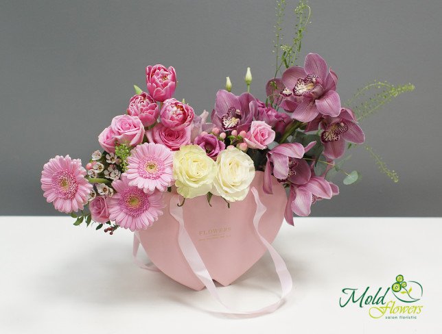 Composition with Roses, Tulips, Orchids, Gerbera, and Eucalyptus in a box from moldflowers.md