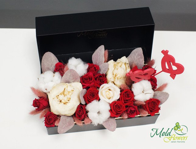 Composition of Cryogenically Preserved Peonies and Roses with Cotton Flowers in a Box from moldflowers.md