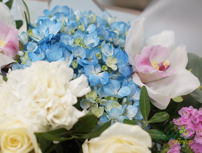 Buchet din hortensia, trandafiri albi, orhidee, garoafe si statice de la moldflowers.md