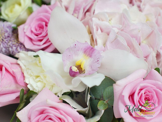 Buchet din hortensia roz, trandafiri, orhidee, garoafe, alstromerie, eustoma si crizanteme de la moldflowers.md