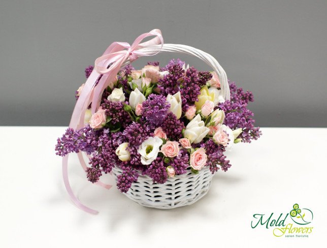 Basket with White Tulips and Lilac photo