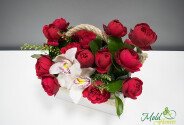 Box with red peony-type roses — photo 1