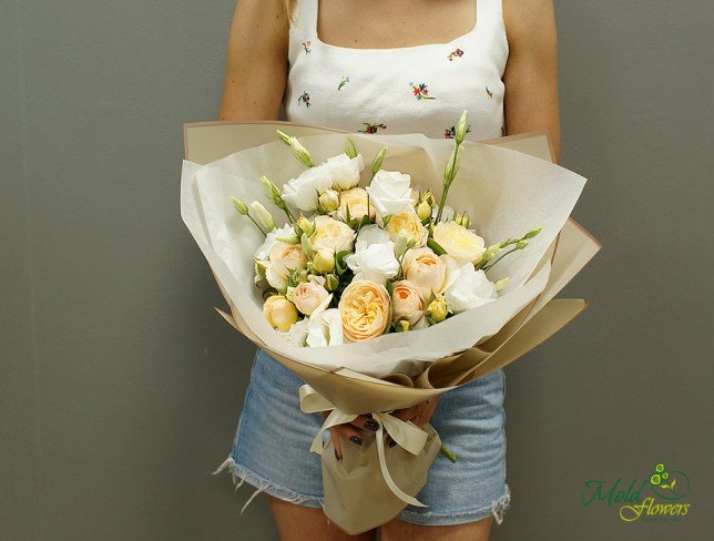 Bouquet of cream peony rose and lisianthus photo