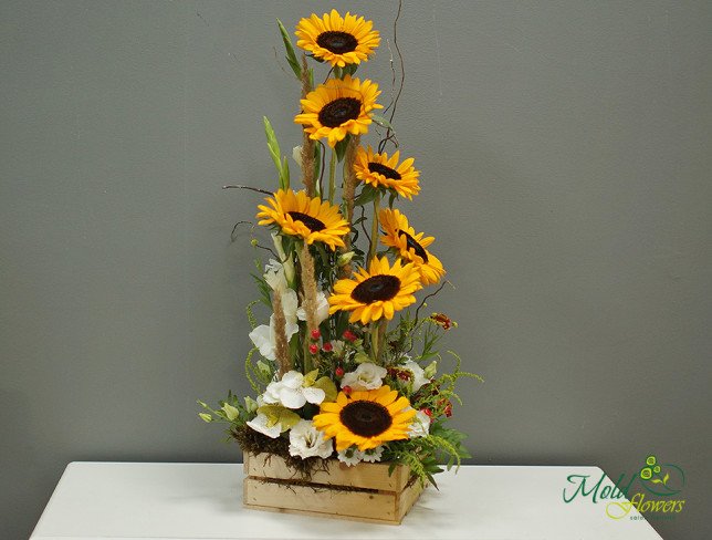 Cutie cu floarea-soarelui și eustoma foto