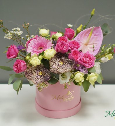 Pink Box with Roses, Vanda Orchid, and Anthurium photo 394x433